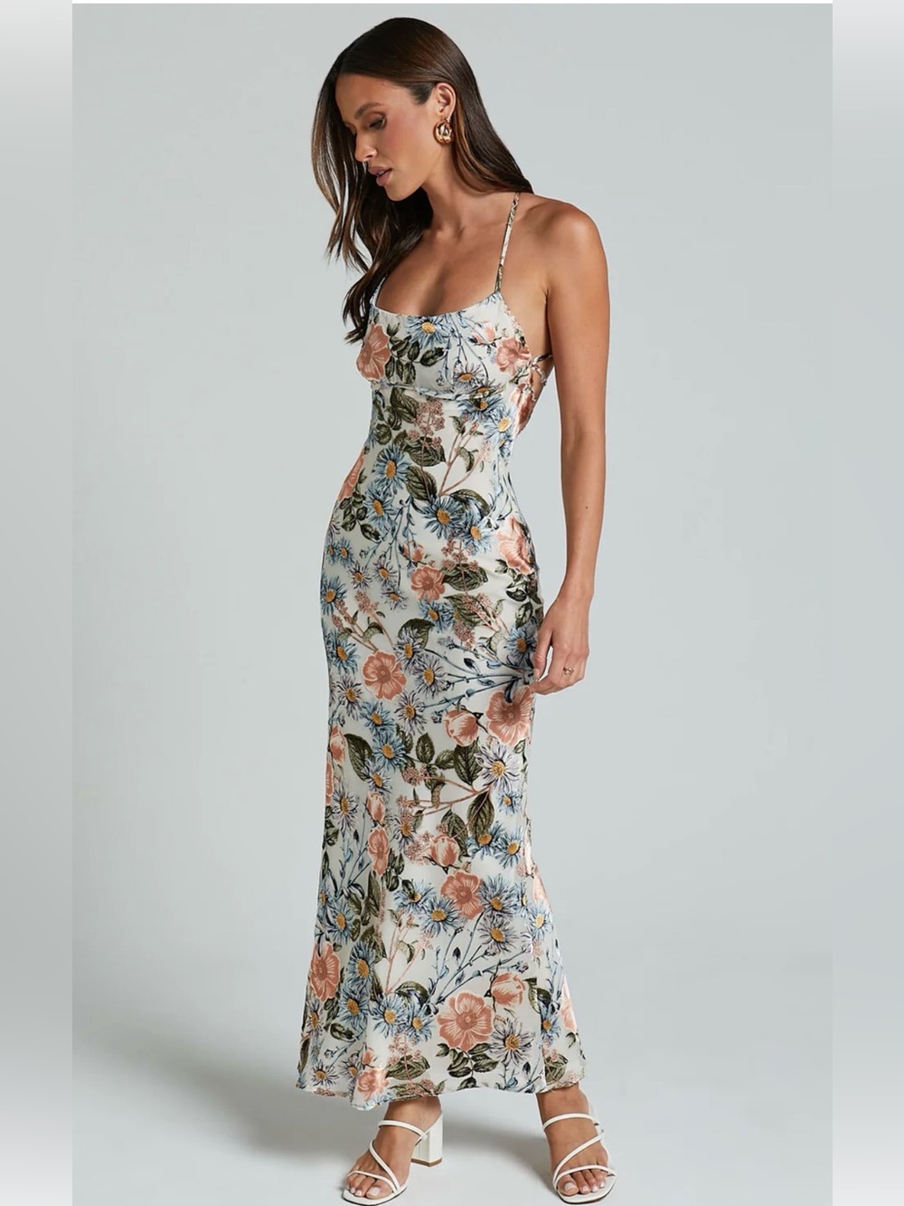 NWT Showpo Exclusive Costanzie Maxi Open Tie Back Peach Floral Dress